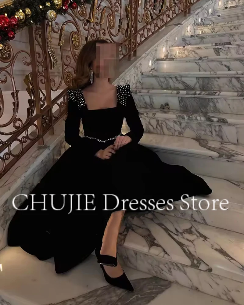 Robe de Soirée Élégante en Velours pour Femme Arabe Saoudite, Tenue de Bal Personnalisée à Manches sulfavec Perles et Paillettes