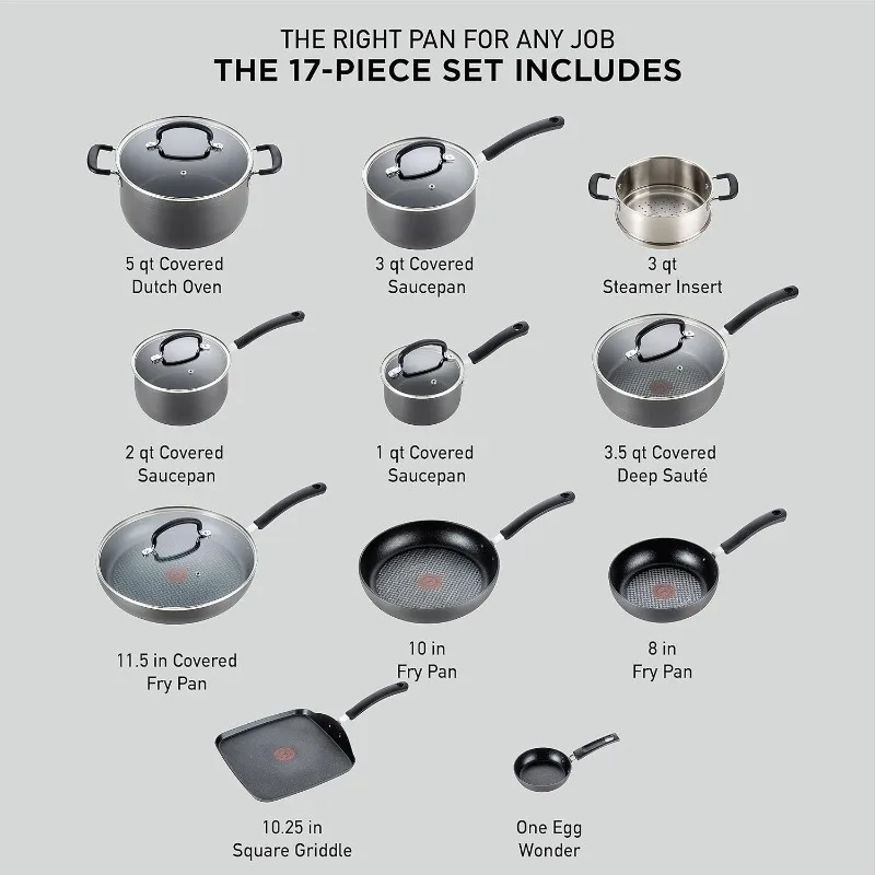 Nonstick Cookware Set 17 Piece, Oven Broiler Safe 400F, Lid Safe 350F, Kitchen Cooking Set w/ Fry Pans, Saucepans