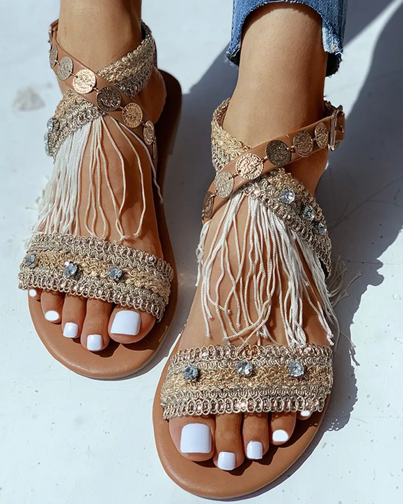 Tassel Large Size Comfort Shoes for Women Rhinestone Sandals Summer Heels Suit Female Beige Fringe Big Girls Fashion Black Flat