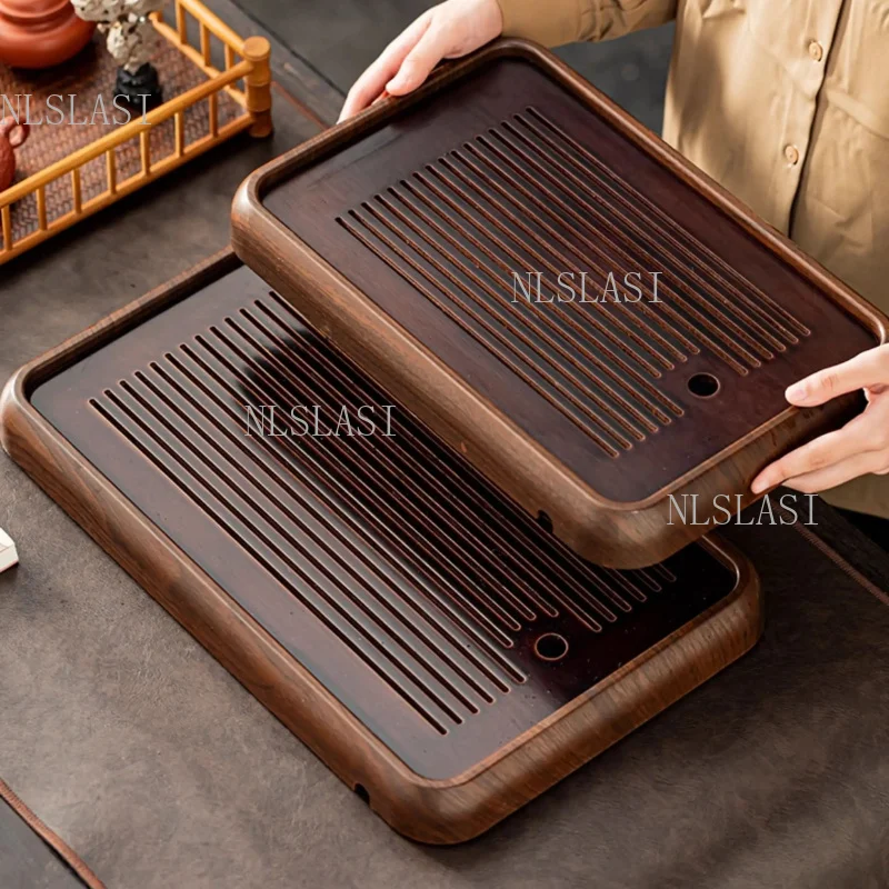 Rectangular Water Storage Bamboo Tea Tray Slatted Drain Surface Rounded Corner Tea Serving Board for Gongfu Tea Ceremony