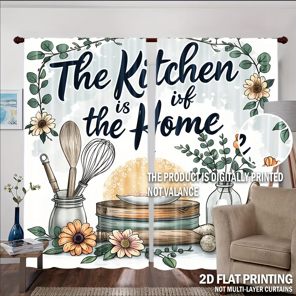 Kitchen is the Heart of the Home Curtain Rustic Farmhouse Decor with Floral and Utensils Typography Window Drapes for Cooking