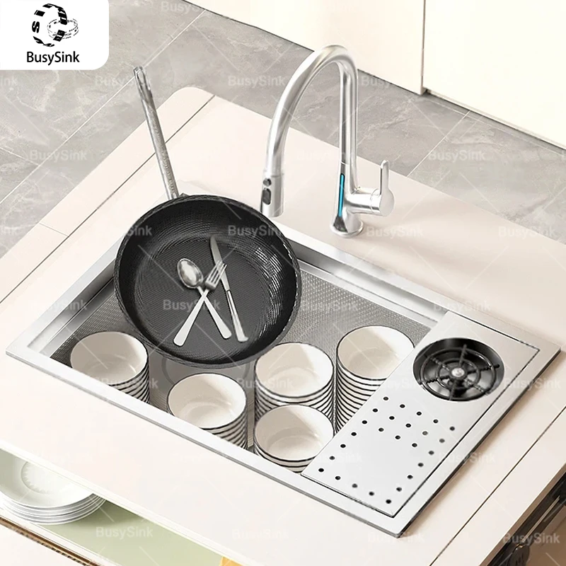 

Hidden Kitchen Sink Silver 304 Stainless Steel Wash Vegetable Dish Basin Household Bar Small Single Slot With lid and Cup Washer