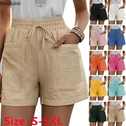 2026Women's Summer Casual Cotton Linen Shorts Pockets High Waist Elastic Loose Sports Shorts Woman Oversized Shorts Pants Female