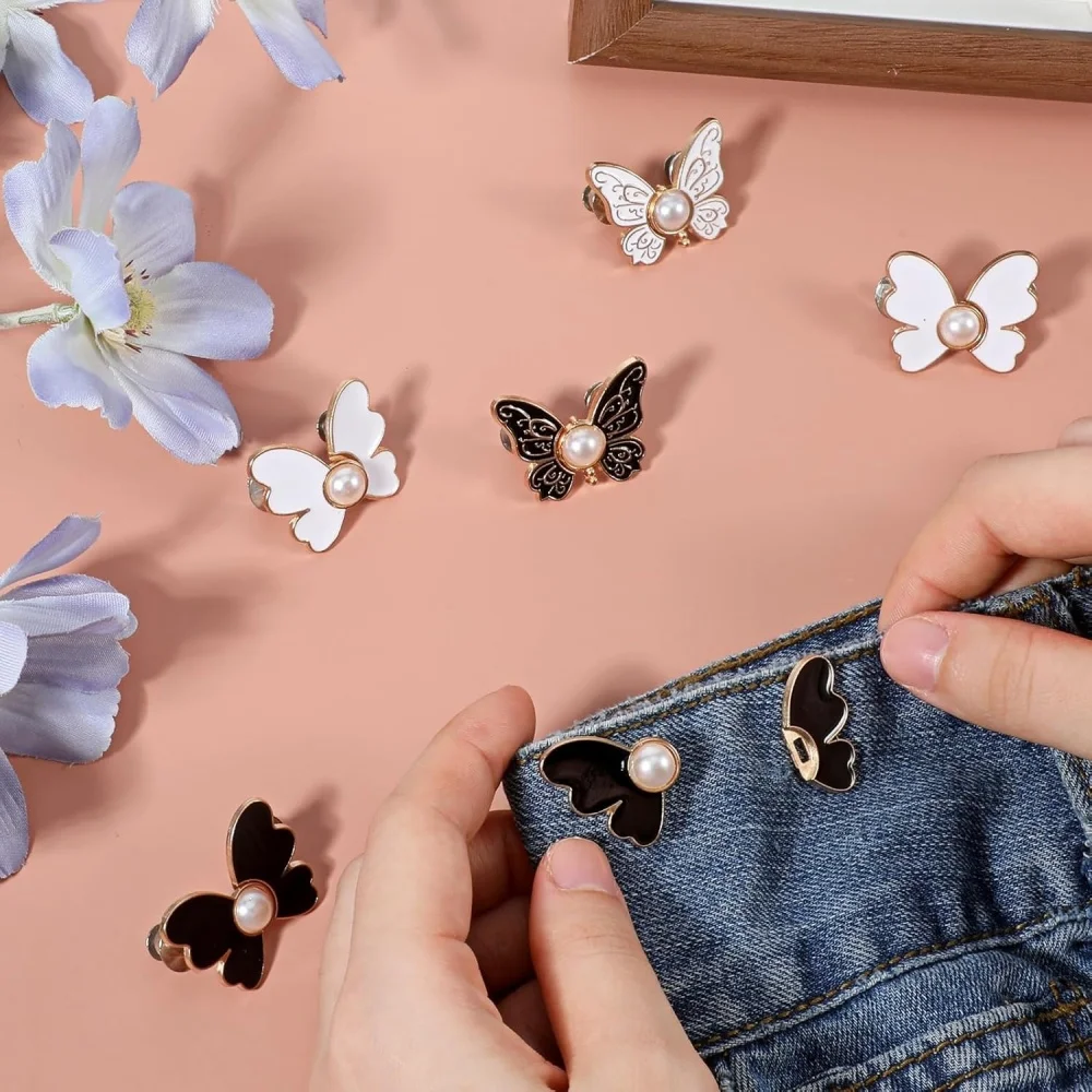 6-Pack Butterfly Pants Waist Cincher, Adjustable Loose Jeans Button Pin, Detachable Waist Adjuster Button Pin, Unisex