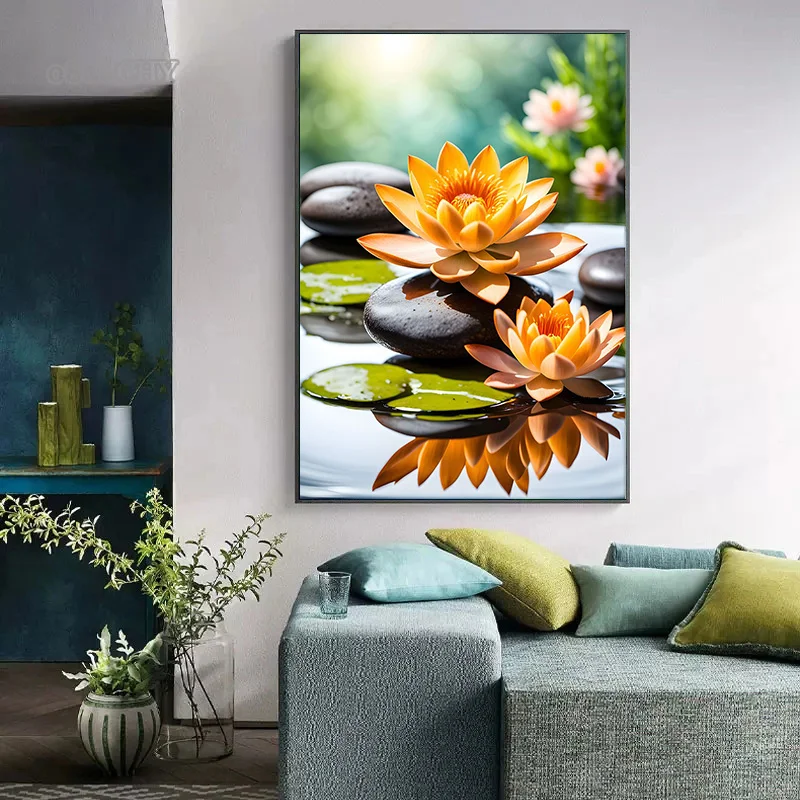 Spa Zen Cherry Blossom  Lily Pink Lotus Canvas Print Posters Art Painting Fitness Yoga Studio Wall Art Decor Pictures Home Decor