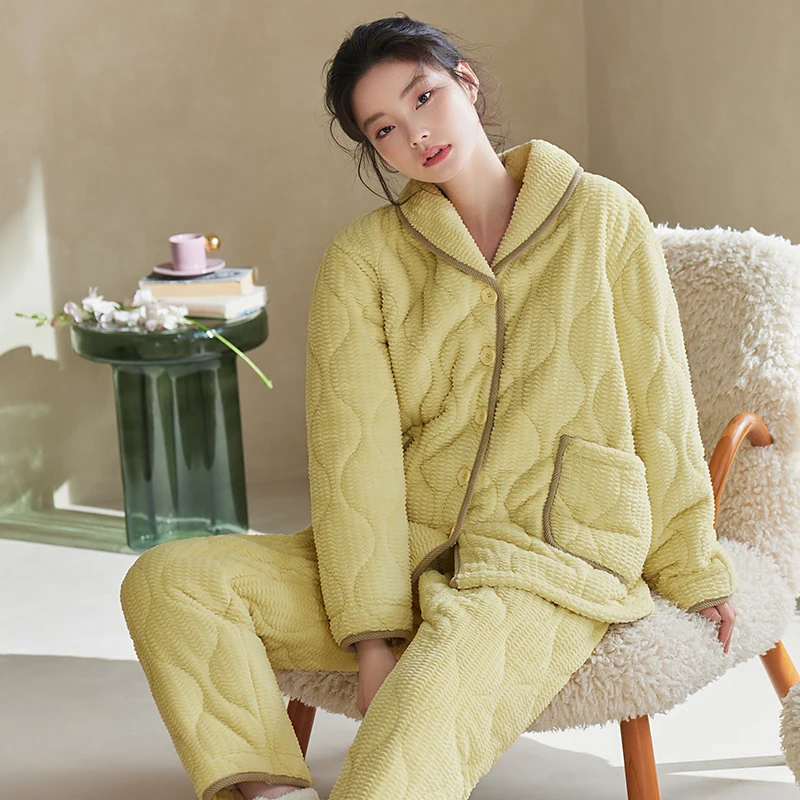 Pyjamas female three layer thicken warm winter quilted jacket women pajamas v-neck solid pijamas mujer inverno casual tracksuit