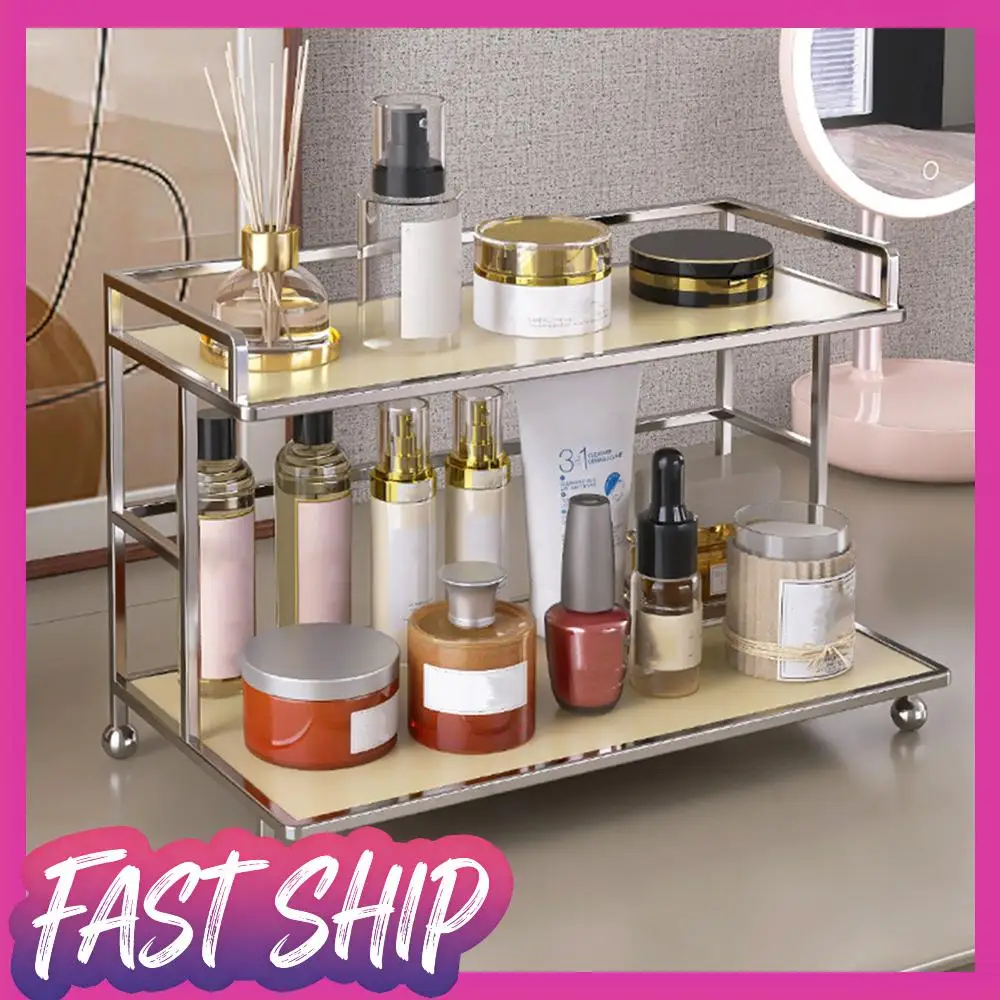 

1 шт. 2-уровневый металлический органайзер для косметики в ванную комнату, настольная подставка для хранения для дома, туалетного столика, кухни, специй, офиса