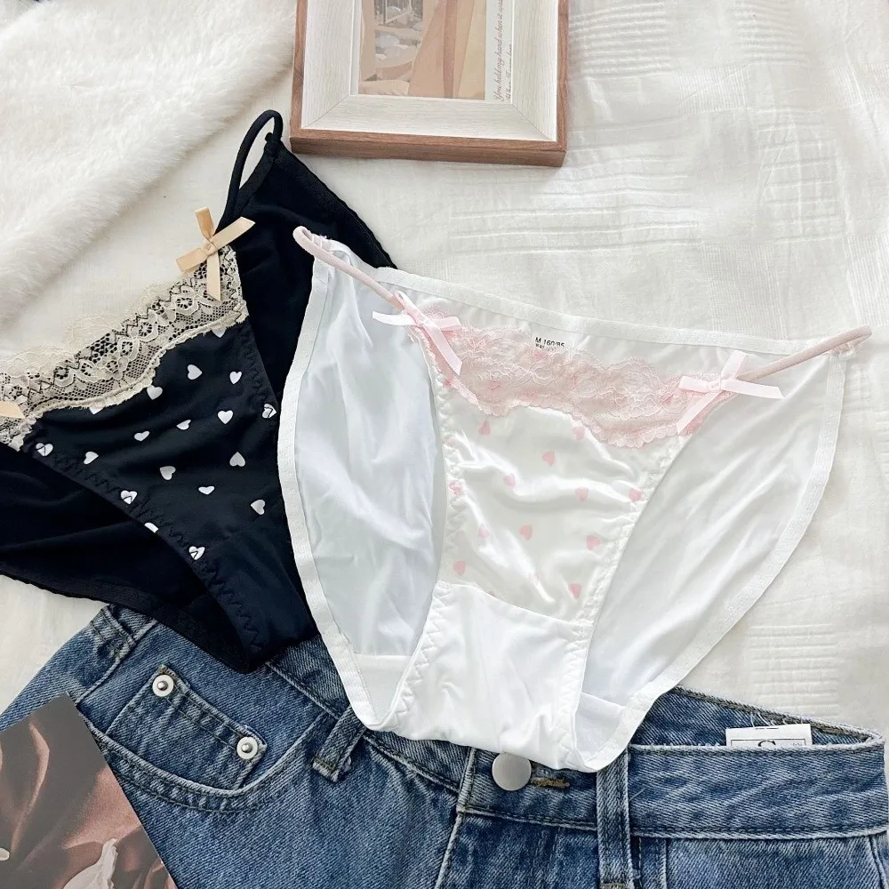 Breathable Low Waist Lace Panties Heart Cotton Crotch Underwear for Women Lingerie Satin Silk Mesh Lace Briefs Lady