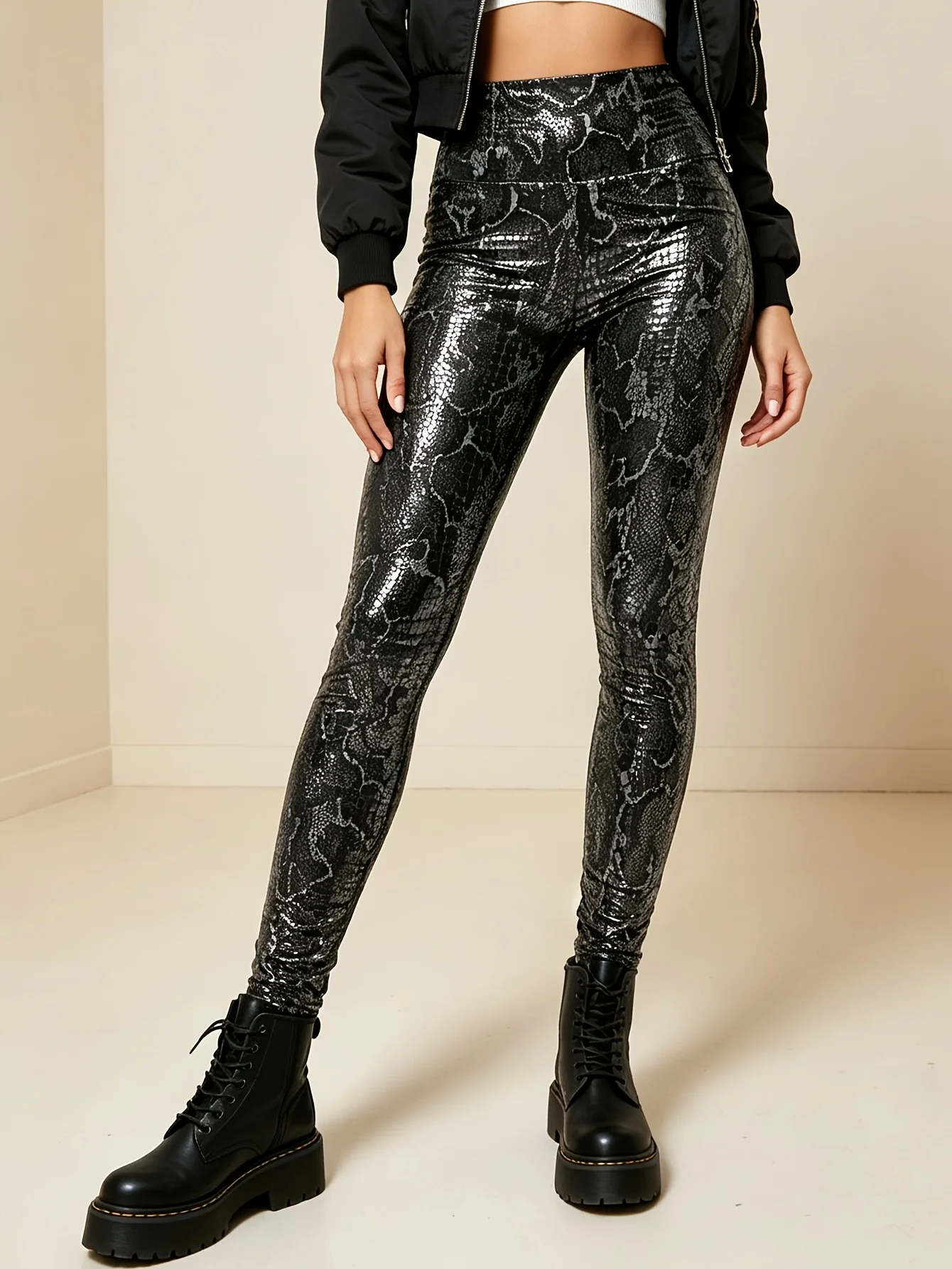 Leather Print Leopard-patterned Slim-fit Ankle-length Pants For Trendy Streetwear Casual Daily Commuting And Slimming Effect