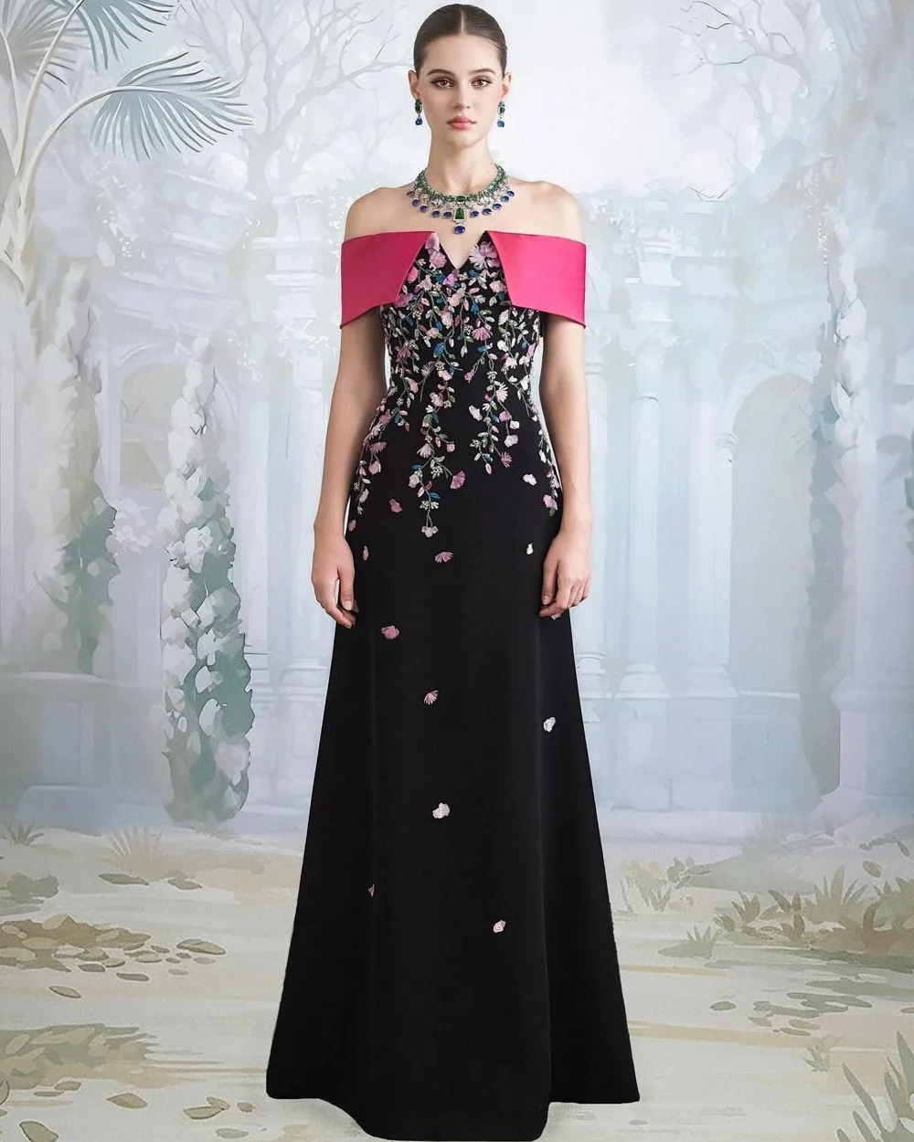 

Customized Modern Style Elegant Jersey Beading Handmade Flower Straight Off-the-shoulder Long Dresses Bespoke Occasion Dresses