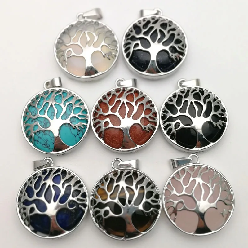 1-piece alloy Tree of Life pendant Hollow alloy set with round natural stone pendant vintage Fortune tree