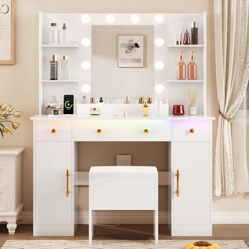 Vanity Desk with Mirror, Lights, Charging Station, and Stool, White Vanity Set with 3 Drawers and RGB LED Lights