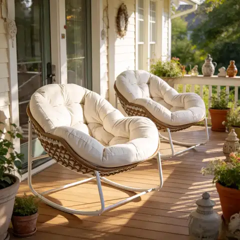 Oversized Outdoor Papasan Rocking Chair Set of 2 with Soft Cushion, Comfy Patio Egg Chair, Wicker Lounge Rocker for, Customized