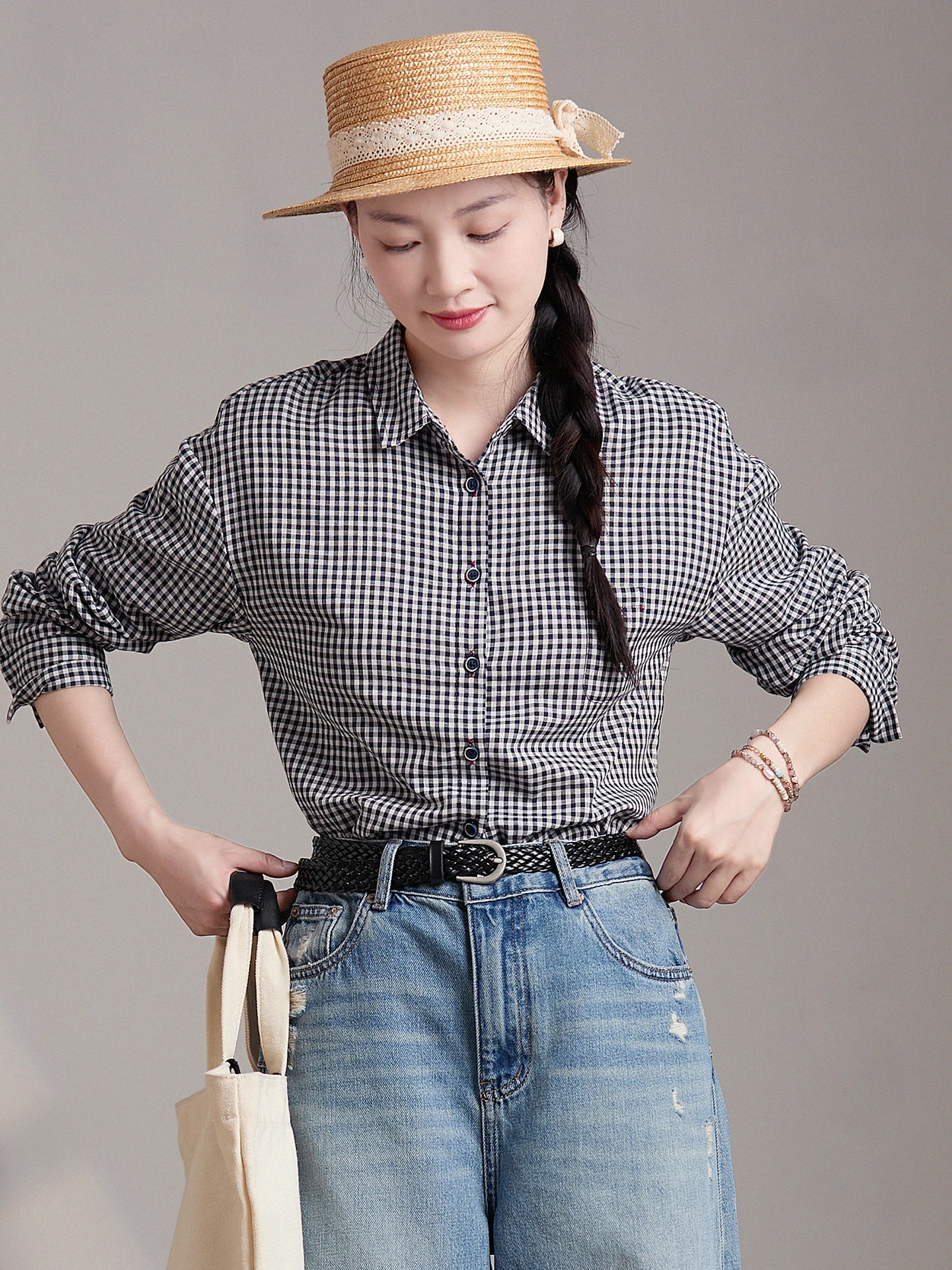 

Женская базовая блузка Gujia из чистого хлопка с длинным рукавом, двойным слоем хлопковой марли и воротником, для повседневной носки, с эффектом похудения