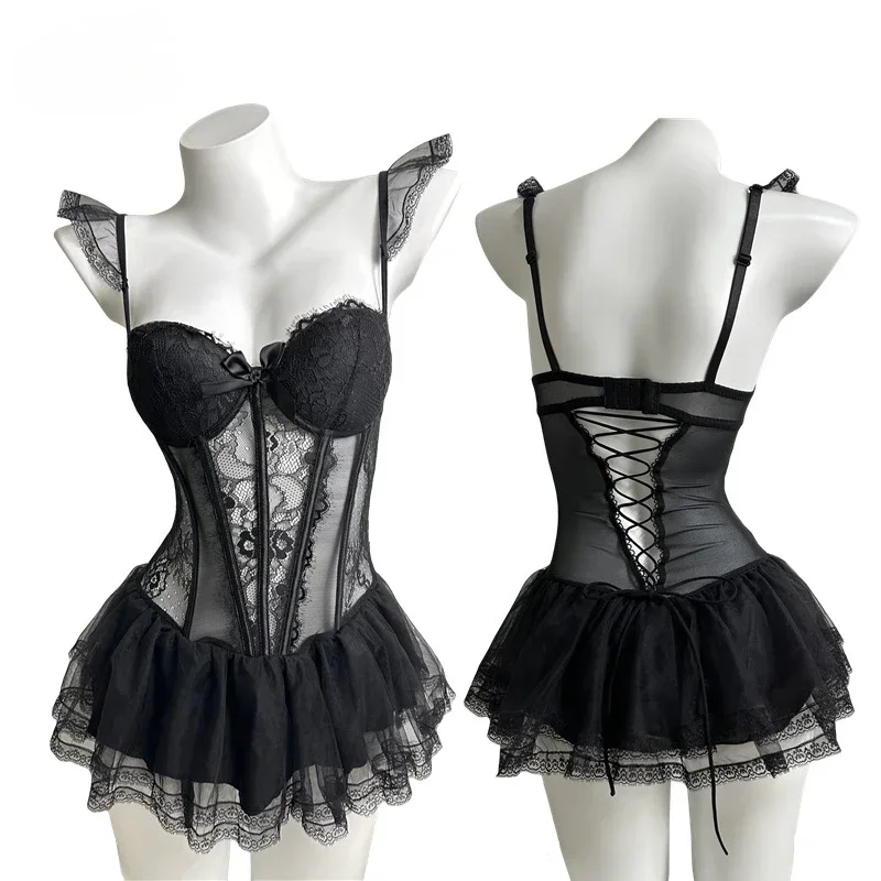 

Erotic Lingerie Ladies Sexy French Lace Corset New Bodysuit Gathered Elasticity Women Push Up Mesh Material Bustier Underwear