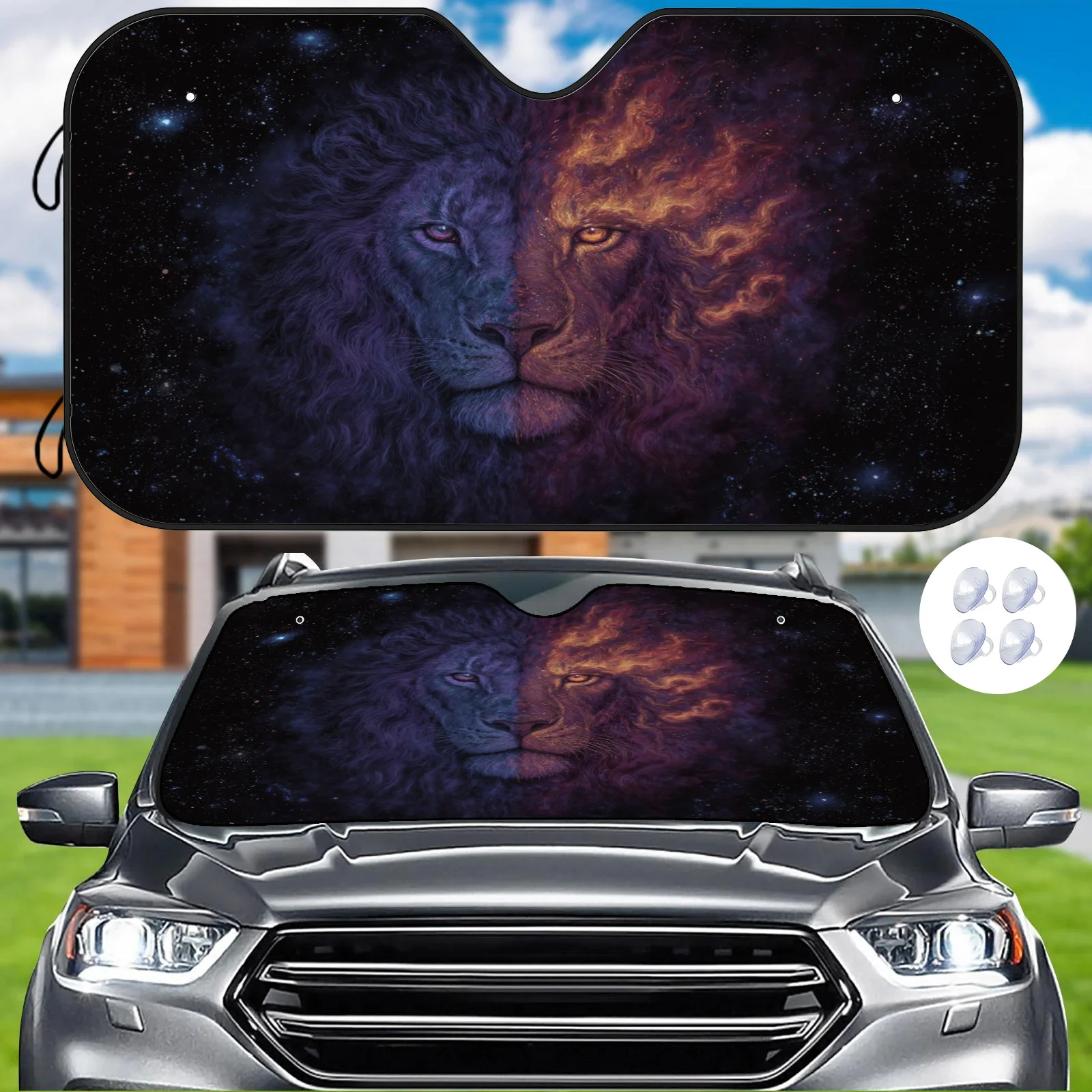 Illustration Of A Twin-Headed Lion With Star Flames For A Car Sunshade, Featuring A Cosmic Fantasy Style, Easy To Install And Du