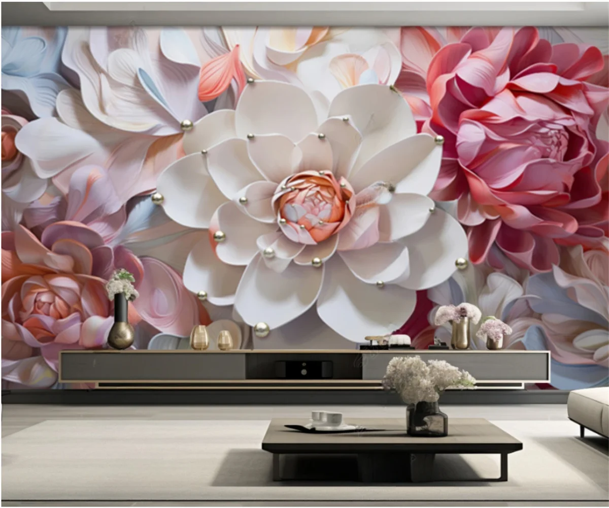 Custom size wallpaper embossed flowers three-dimensional mural home decoration garden flowers wall stickers photo 3d wallpaper