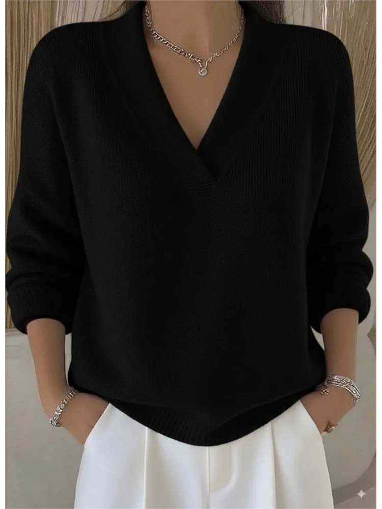 

Loose Pullovers Sweaters Tops Lady Holiday Womens Clothing Winter Casual Knit V Neck Sweater For Women Fashion Solid Long Sleeve