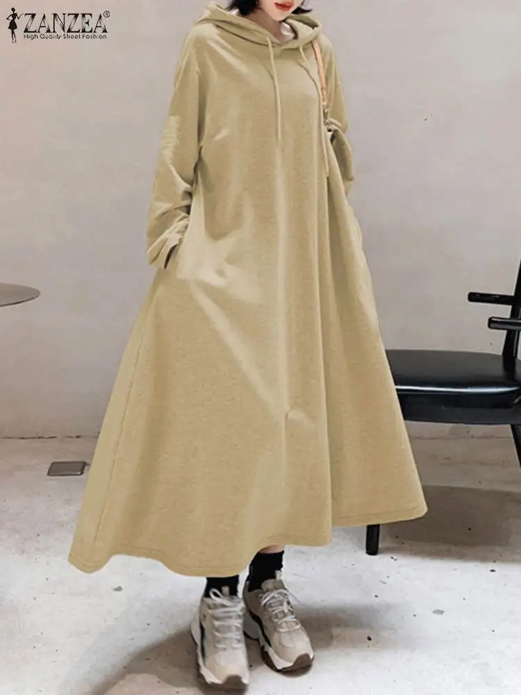 Autunno felpa vestito ZANZEA donna inverno felpe con cappuccio manica lunga a-line Maxi prendisole Casual Pullover con cappuccio Vestido oversize