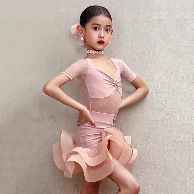 Kinderen Latin Dance Training Jurk Kinderen Meisjes Plooien Body en Dubbellaags Mesh Rok Samba Ballroom Competitie Danskleding