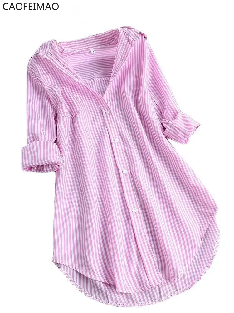 Plus Size Women Tunic Shirts Stripe Blouse Spring Autumn Ladies Large Size Button V Neck Long Sleeve Shirt Blouse Blusas 5xl