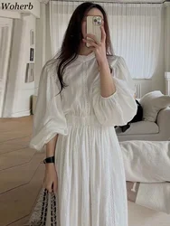 Woherb Elegant Women Stand Neck Embroidery Jacquard Dress Pleated Waist Lantern Sleeve Dresses 2024 Spring Autumn New Vestidos