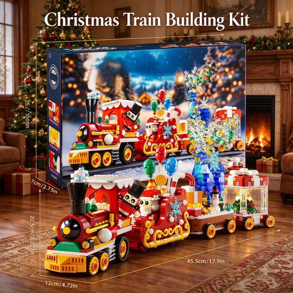 KAVOWORLD 1461pcs Christmas Train Building Blocks Set With LED Light Up Holiday Train Toy With Santa Claus Nutcracker Elf Ice Reindeer Snowman Tree DIY Interlocking Assembly Bricks Kit Festive Home Decor Tabletop Centerpiece Winter Xmas New Year Gift