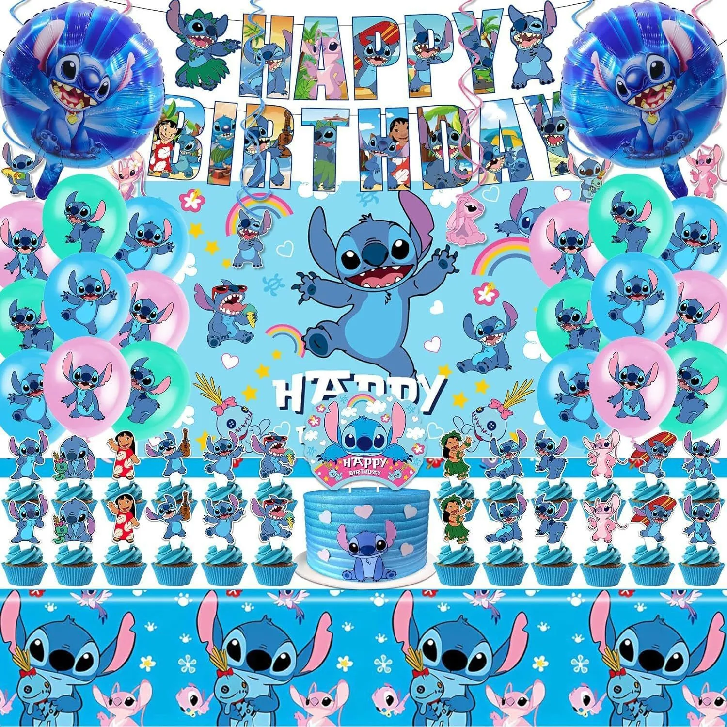 

New Stitch Theme Birthday Party Decorations Set, Banner Balloons Wall Decor for Kids Lilo & Stitch Party Supplies​