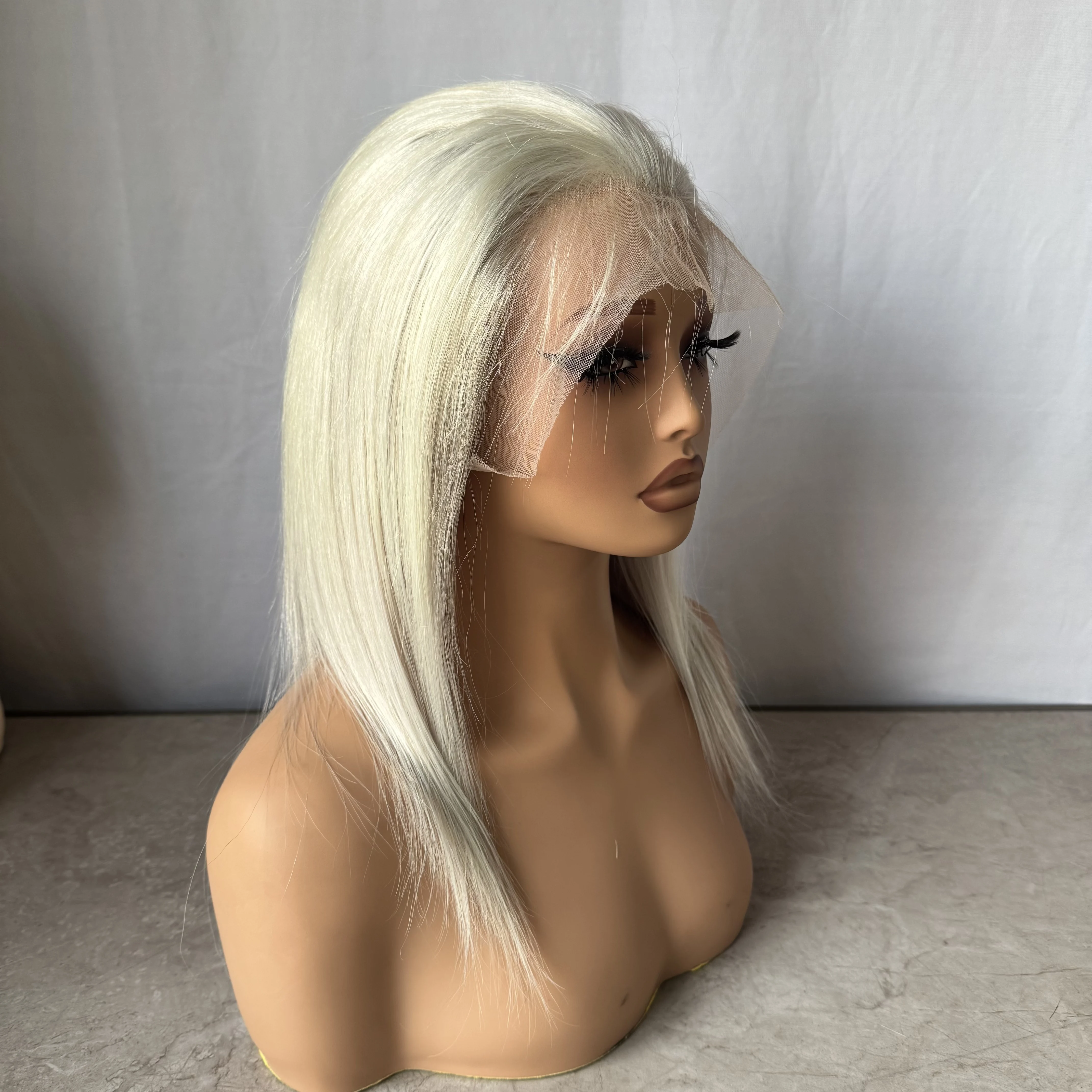 

Человеческие волосы Remy 13x6, парик спереди, свободная часть, предварительно выщипанный платиновый блондин, короткий прямой бесклеевой парик для женщин, готовый к отправке