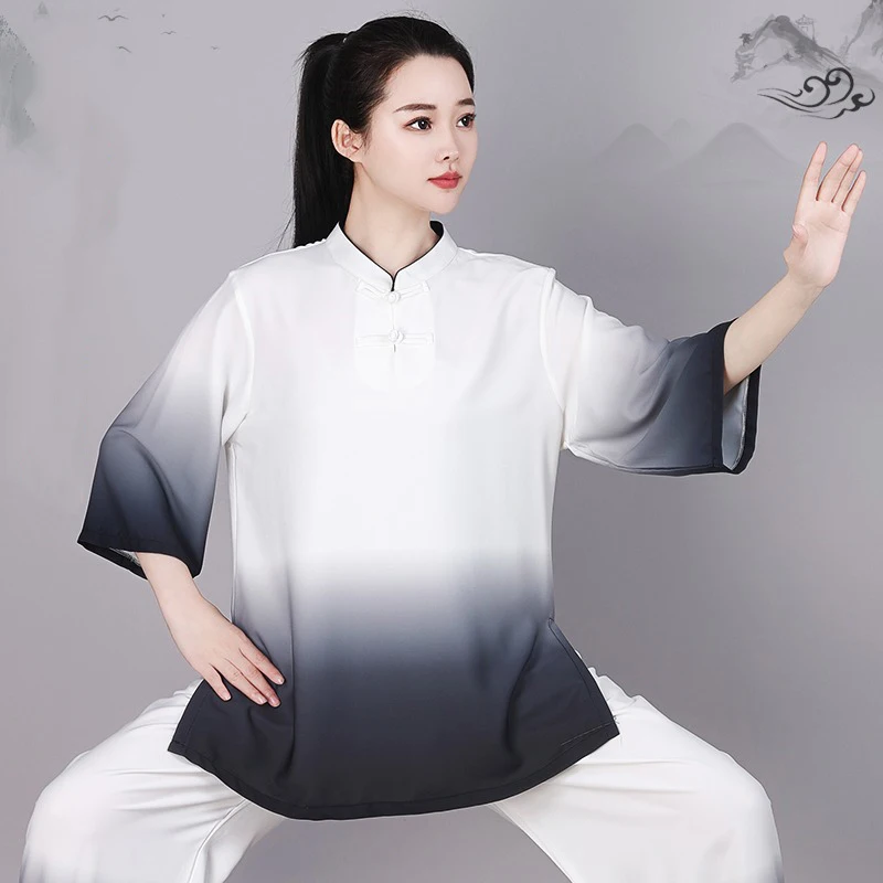 Kun Master Kung Fu Uniform Martial Arts Tai Chi Clothing Half Sleeve Gradient for Summer Chinese Traditional Clothes