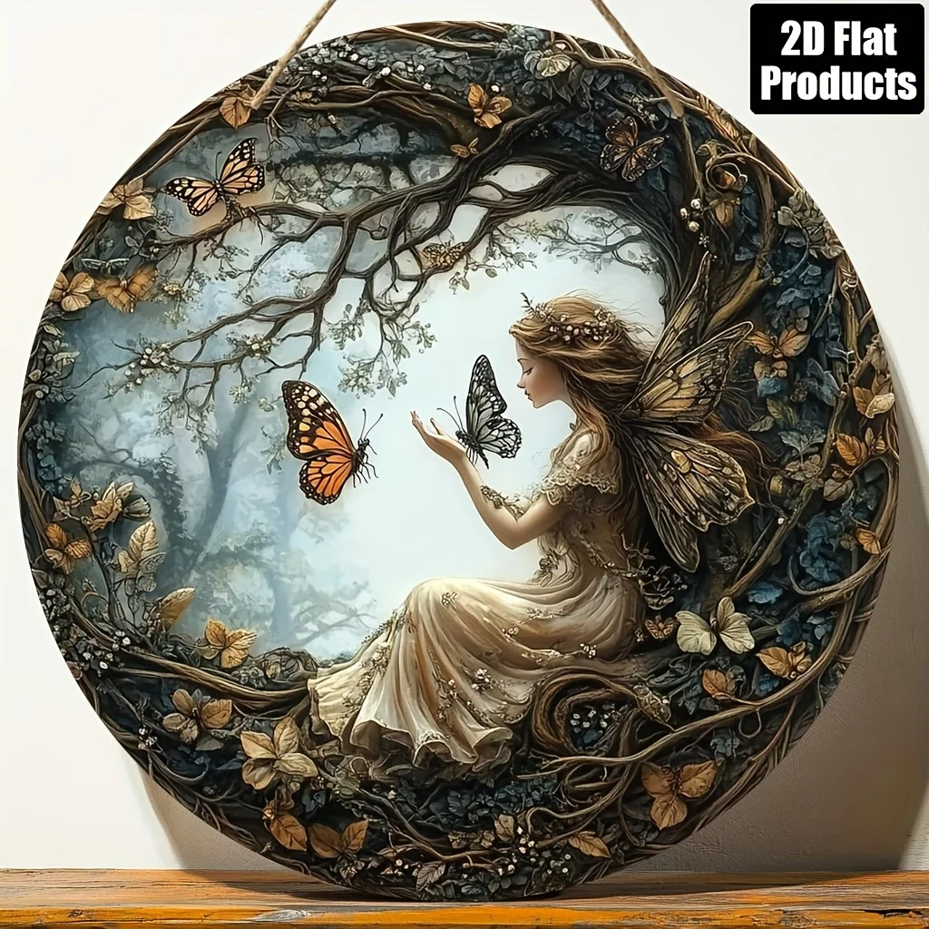 2D Flat, 1pc Round Wooden Decorative Sign with Fairy and Tree Elf Theme, Suitable for Bar Kitchen Cafe Home Living Room Office D