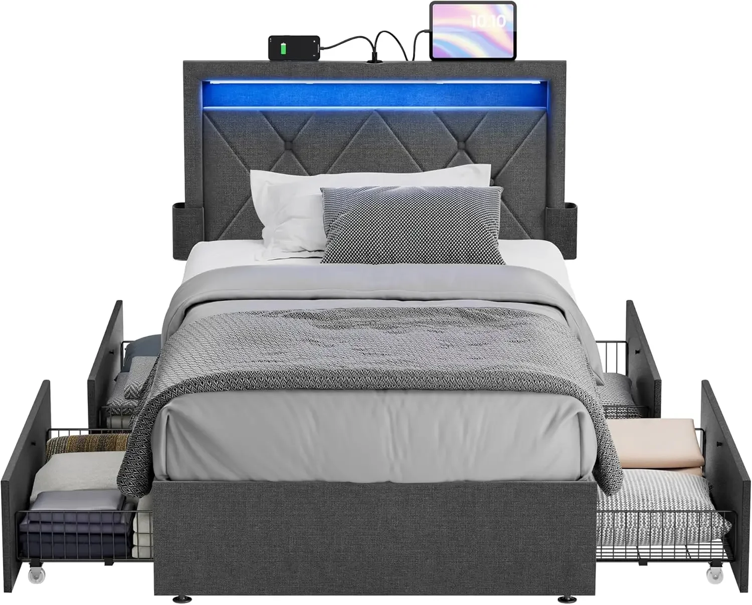 LED Bed Frame Twin Size with Headboard and 4 Drawers, 1 USB Port and 1 Type C Port, Adjustable Upholstered Headboard, No