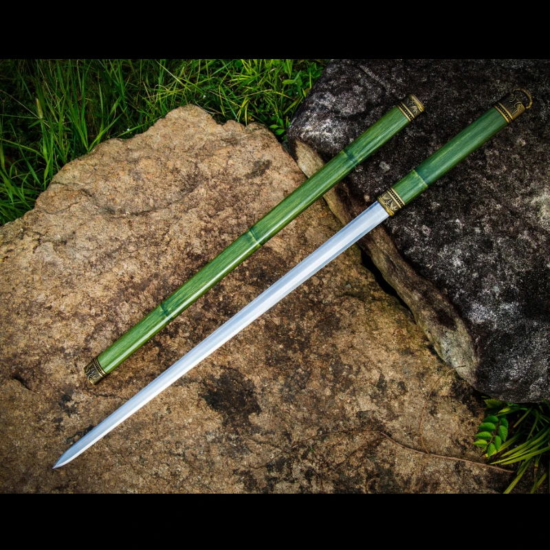 Chinese Tang Bamboo Sword,Handmade Jian,Full Tang,Manganese Steel,Green Color,Cosplay,Wushu Prop,Home Decor Use