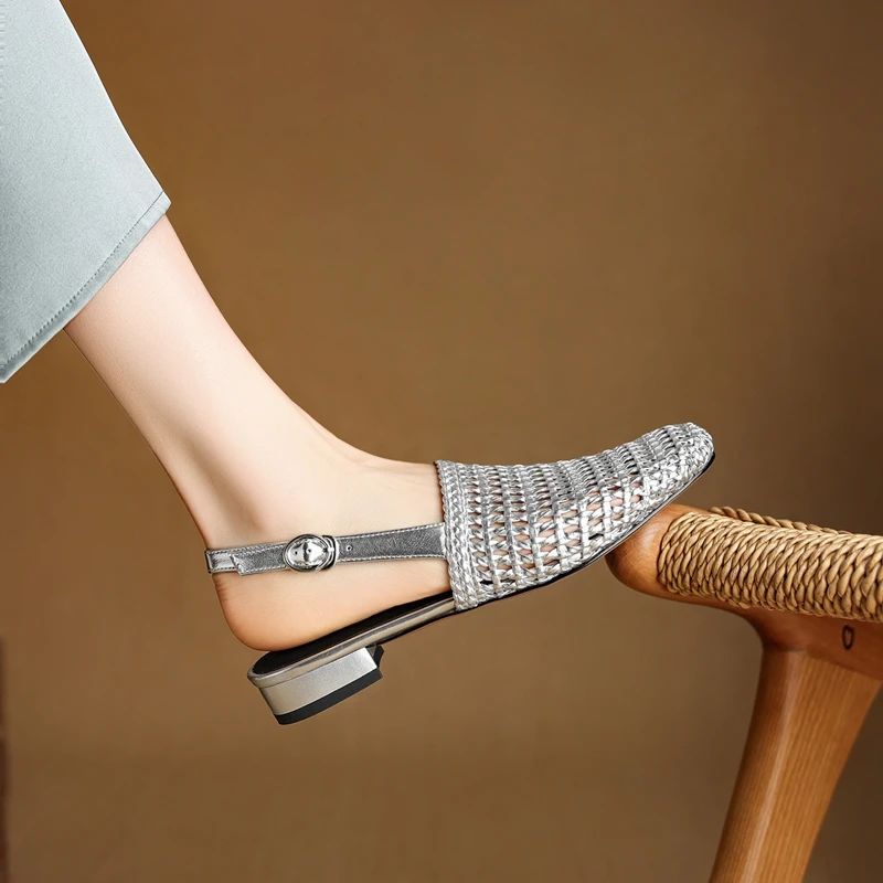 Women's New Genuine Leather Square Headed Cowhide Woven Elastic Band Breathable Hollow Low Heel Toe Mueller Sandals