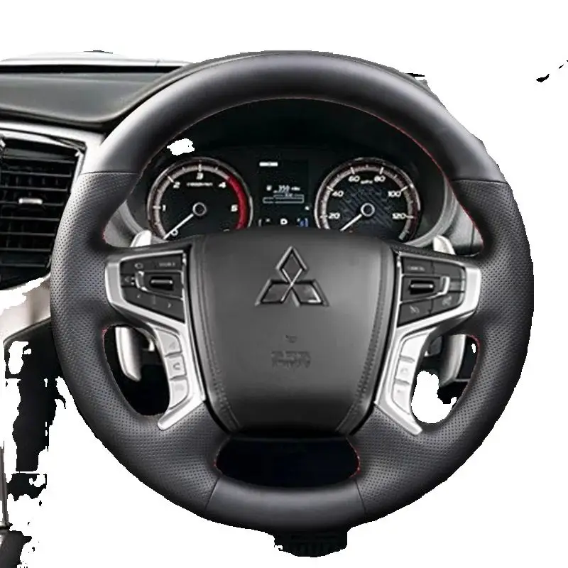 

For Mitsubishi Pajero Sport III Montero 2015-2022 Hand-stitched black genuine Leather Non-slip Car steering wheel Cover