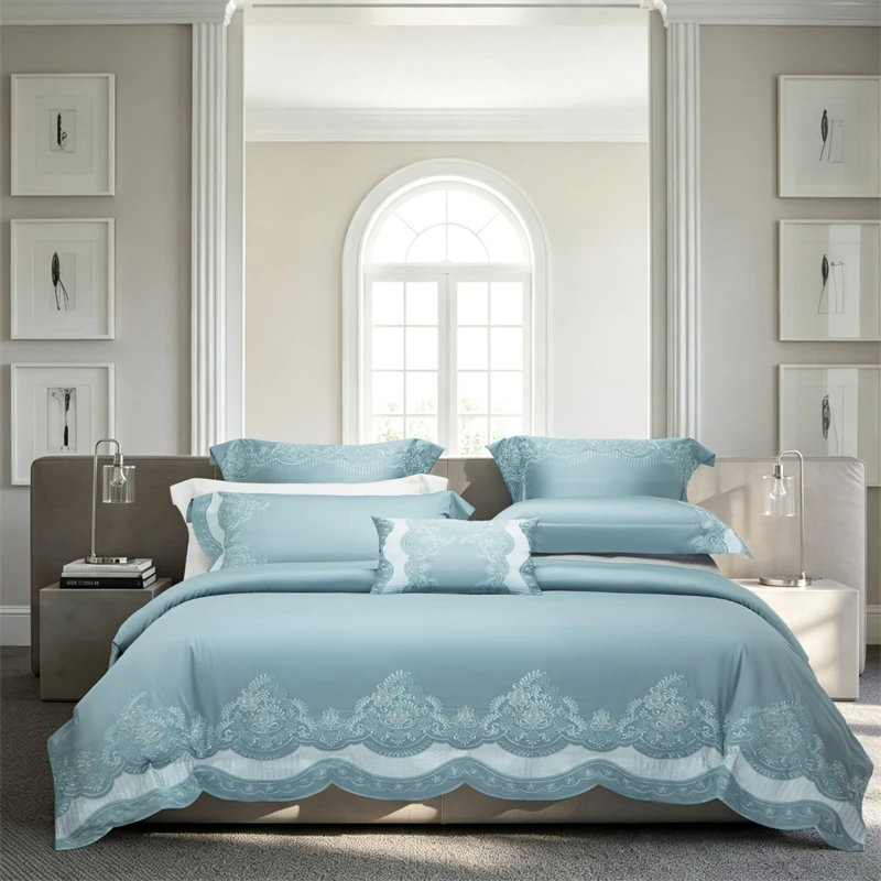 1200TC Egyptian Cotton Luxury Bedding Set Embroidery Scalloped Edge Duvet Cover Set Flat Sheet/Fitted Sheet Pillowcases 4Pcs