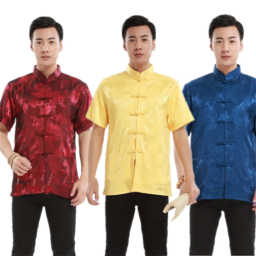 

New Year Tang Suit Traditional Chinese Clothing For Men Top Dragon Short Sleeve Satin Tang Suit China Fashion Style Adult