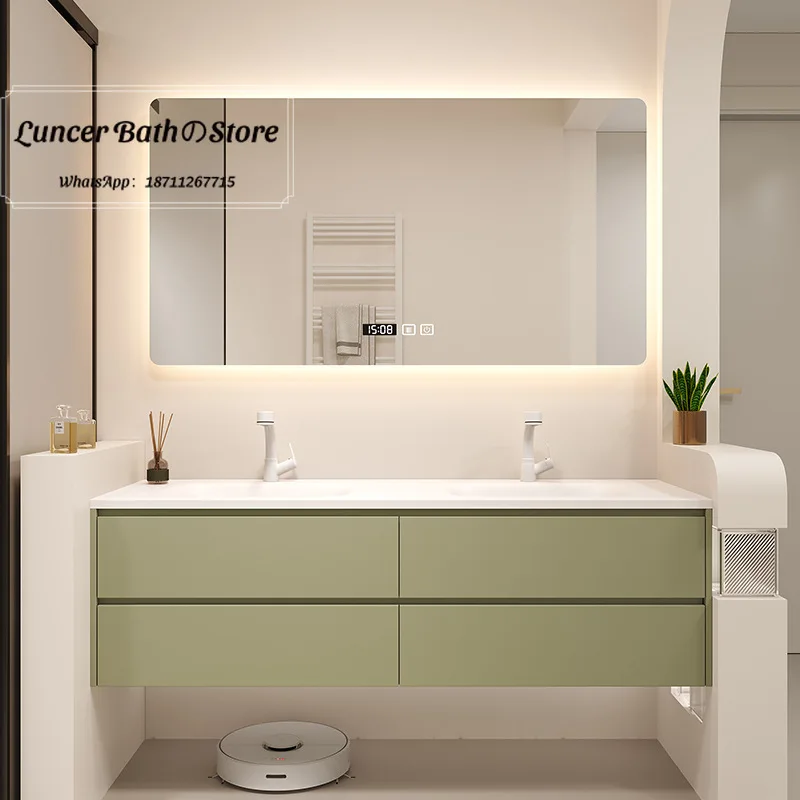Double-basin bathroom cabinet set, equipped with oak smart sensor mirror, sink and washbasin