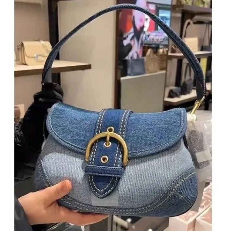 

2025 New High-End French-Style Patchwork Denim Underarm Bag Women's Shoulder Baguette Bag