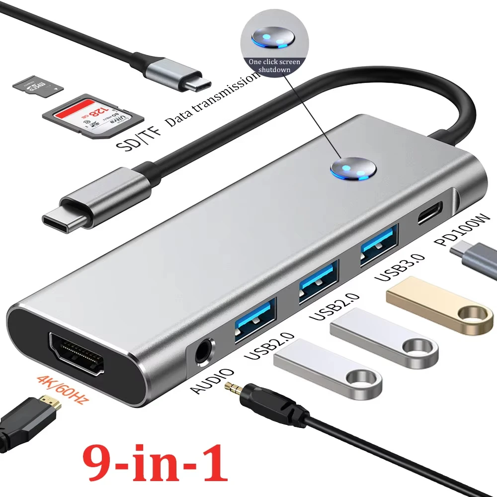 9 IN 1 USB C Hub PD 100W USB 3.0 Ports Type-C Docking Station 4K/60Hz HDMI Port TF/SD One-Click Screen Adapter for USB C Laptop