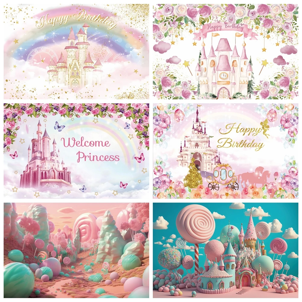 

Dream Castle Backdrop Princess Girl Birthday Party Rainbow Floar Butterfly Flower Candy Baby Shower Photography Background Decor