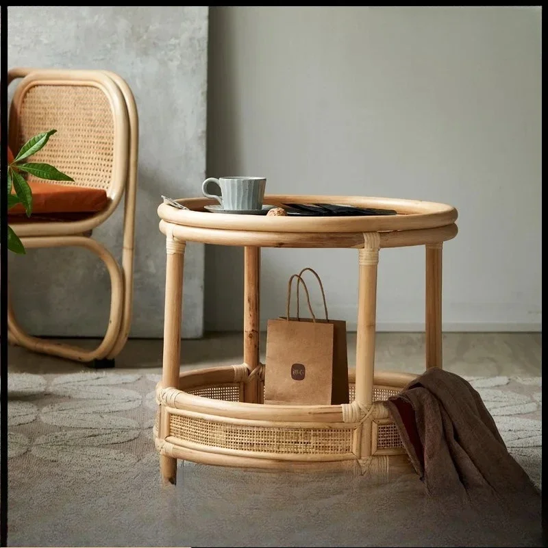 HYS Full Rattan Woven Coffee Table Living Room Home Round Table Balcony Leisure Layer Storage Small Side Table