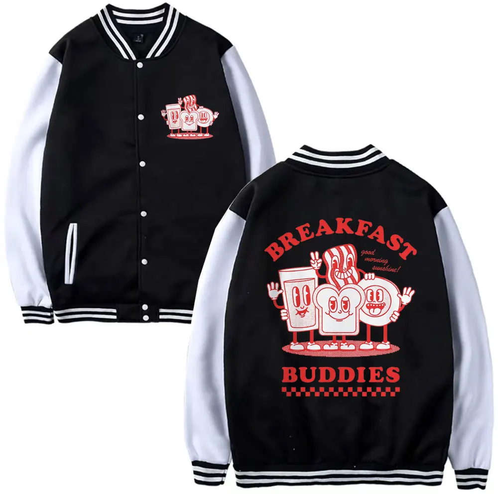 

Funny Breakfast Buddies Graphic Baseball Uniform Men Women Fall and Winter Fleece Sweatshirt Coat Couple Fashion Baseball Jacket