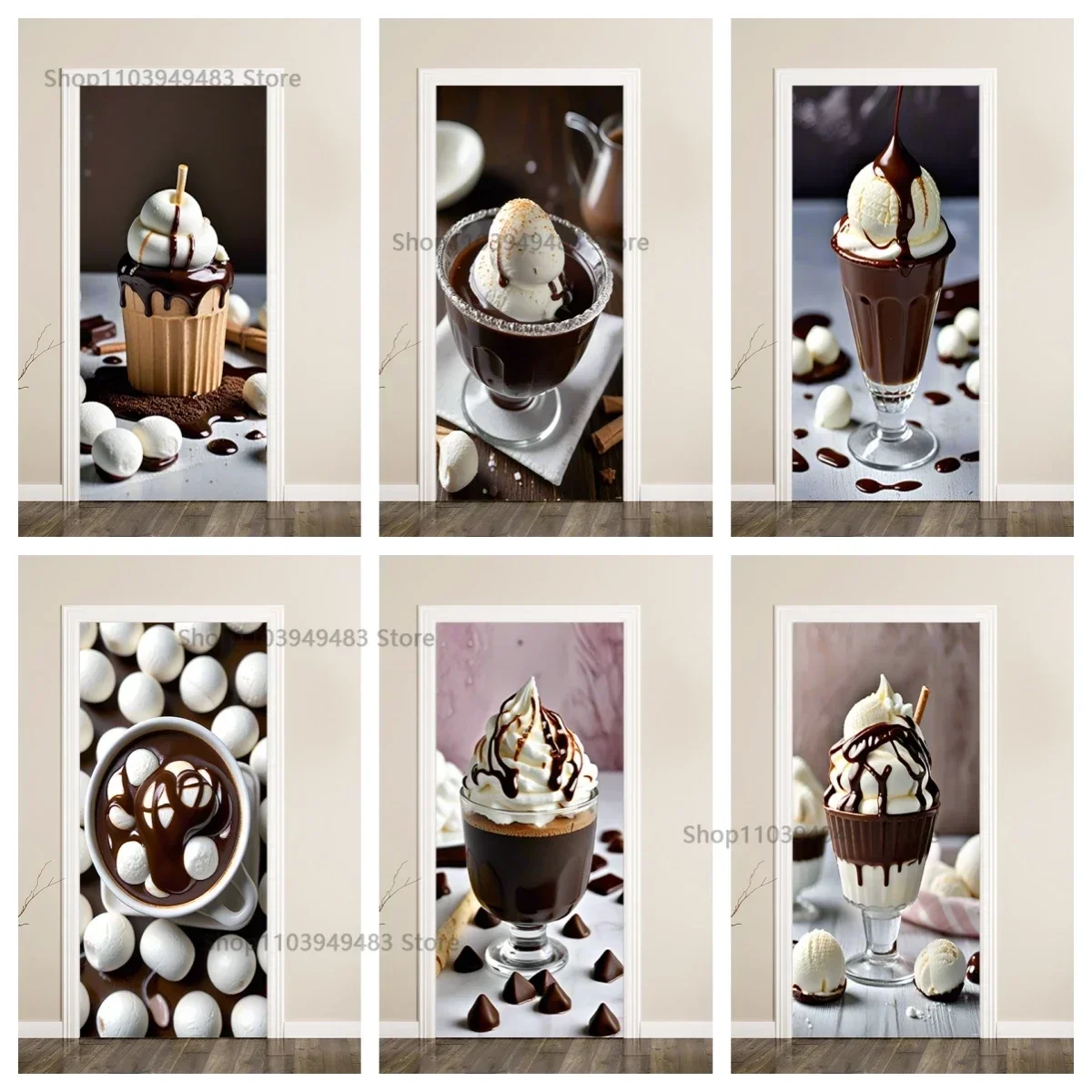 Dessert Collection Chocolate Ice Cream Mural Decals Self-adhesive Door Sticker for Full Door Covered Wallpaper Home Decoration