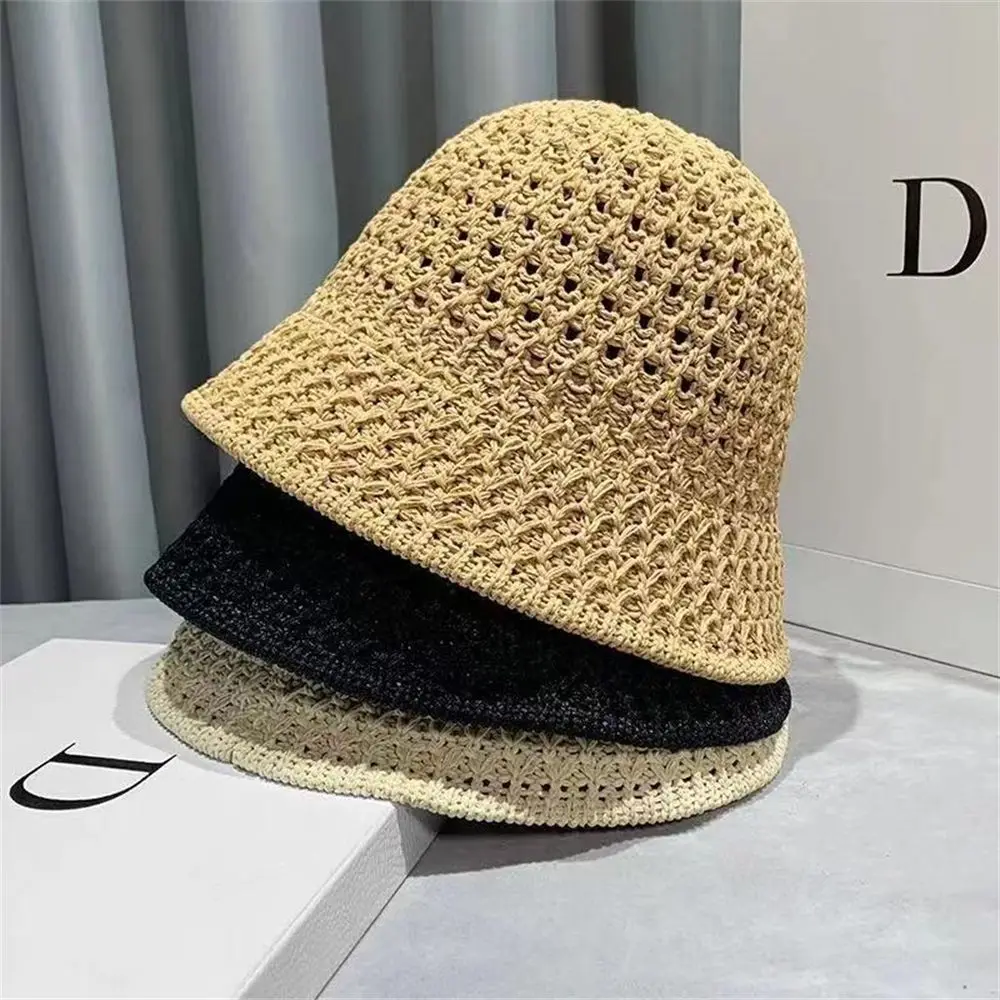 Bucket Hat Spring Summer Hollow Knitted Hat Solid Color Sunhat Fisherman Caps Casual Foldable Beach Cap