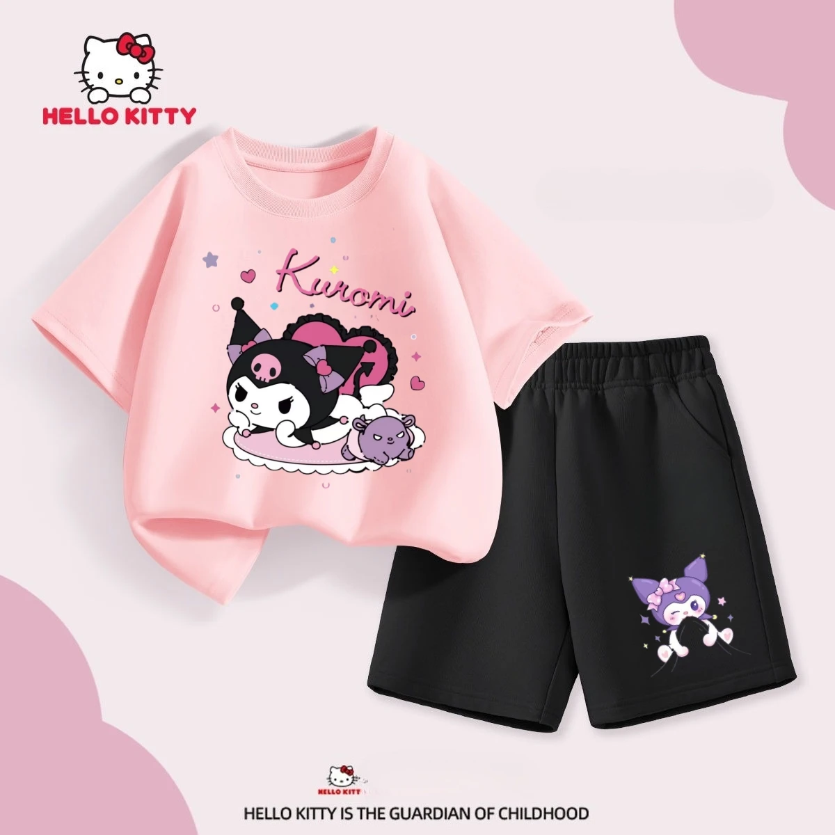 

Sanrio Summer Baby Girls 100% Cotton Clothes Set Kid Children Kuromi Printed Short Sleeve T-shirts Top and Shorts Suit Outfits