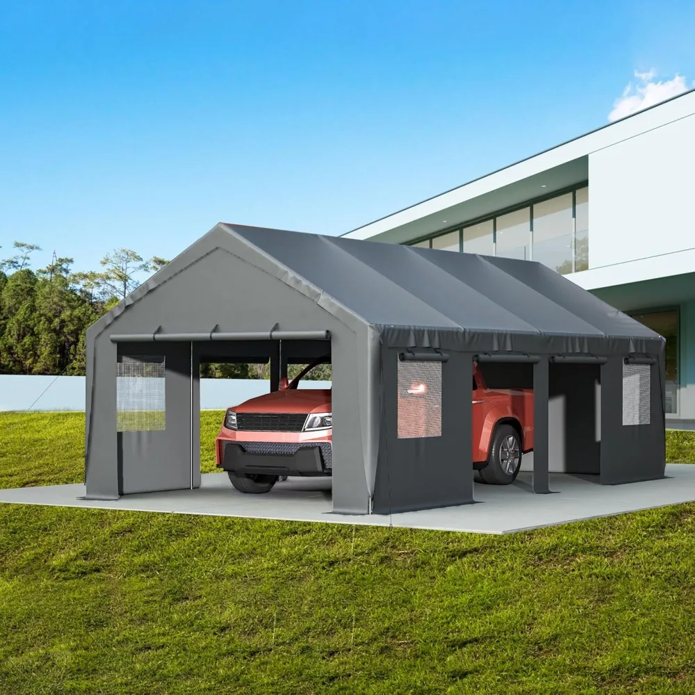 

Carport 13x25'x10' сверхмощный с подвижной боковой стенкой и вентилируемыми окнами, портативный уличный гараж для автомобиля, внедорожника, лодки