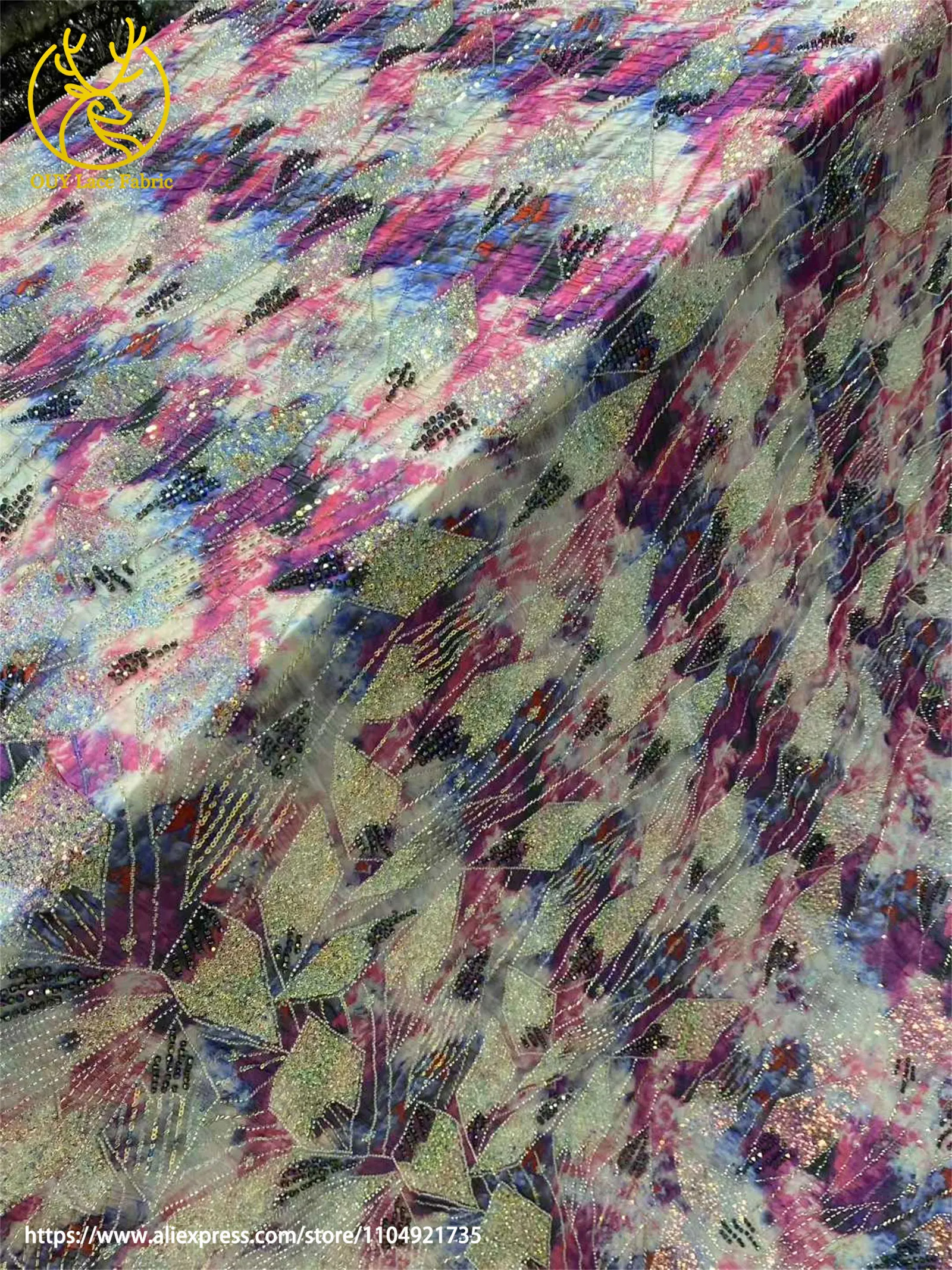 Französisch Bunte Mode Frauen Party Abendessen Kleid Nähen Material Hohe Qualität Afrikanische Pailletten Perlen Stickerei Spitze Stoffe – Detail 4