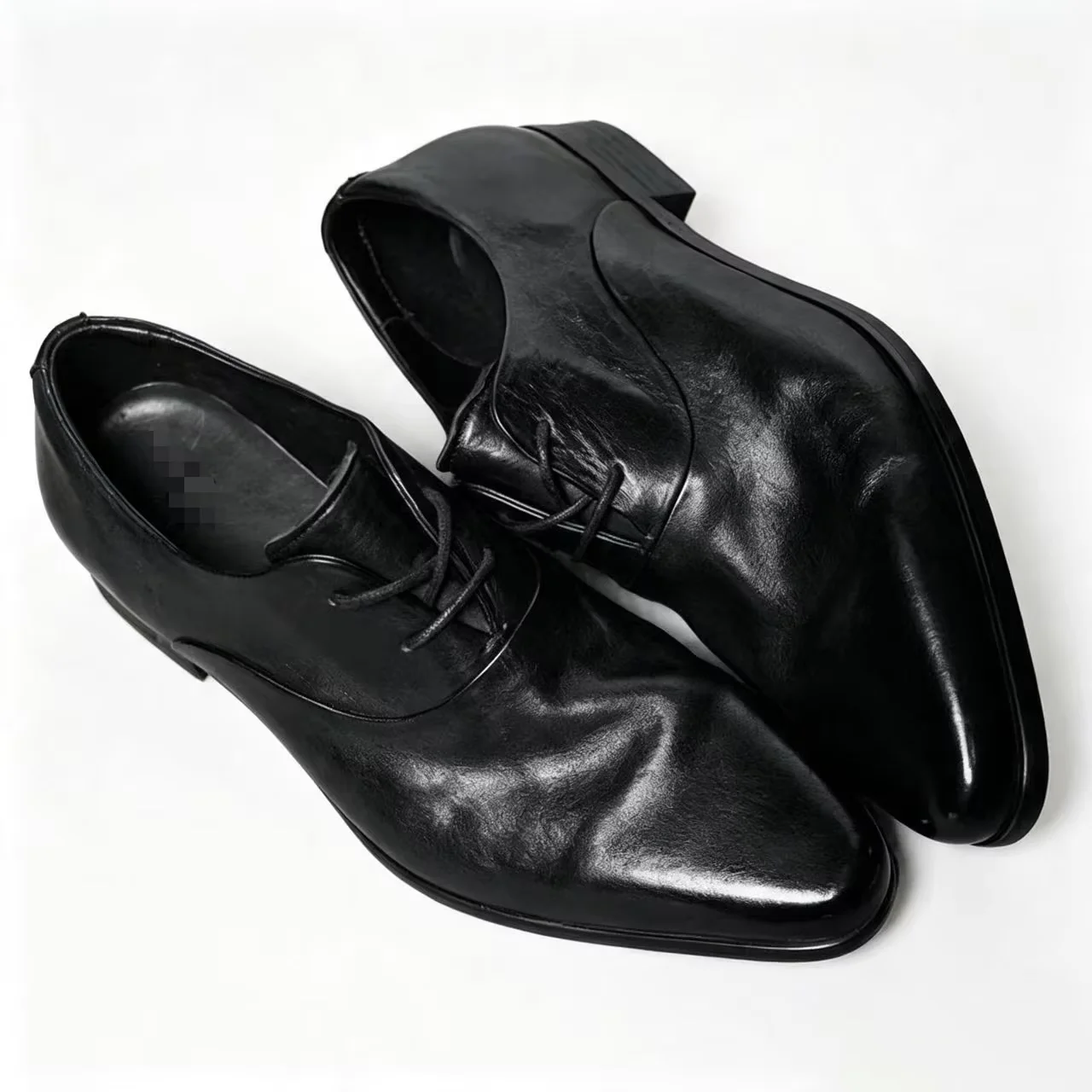 Black Wrinkle Textured Leather Oxfords Lace Up Closure Slim Pointed Toe Low Heel Non Slip Outsole Padded Insole Daily Footwear