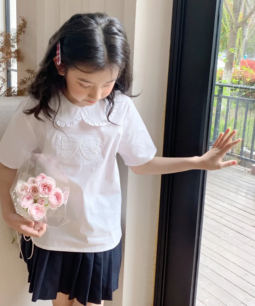 

Spring Summer baby clothes girl tops Girls' White T-shirt High quality bow embroidery Big collar doll shirt Sweet girl's blouse